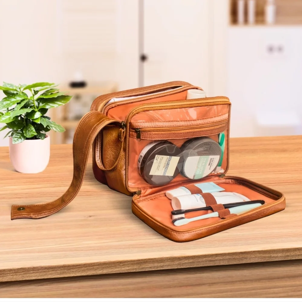 Brown Leather Men's/Women's Toiletry Bag - Picture 7 of 8